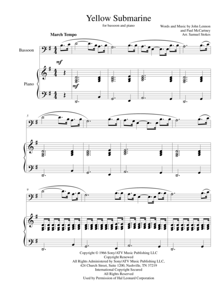 Free Sheet Music Yellow Submarine For Bassoon With Piano