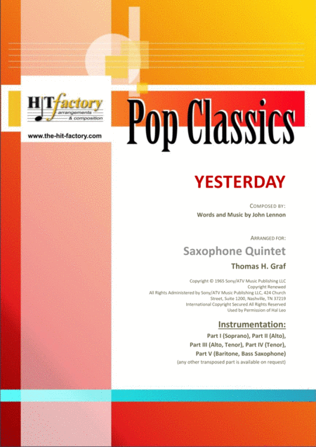 Yesterday Beatles Classic Saxophone Quintet Sheet Music