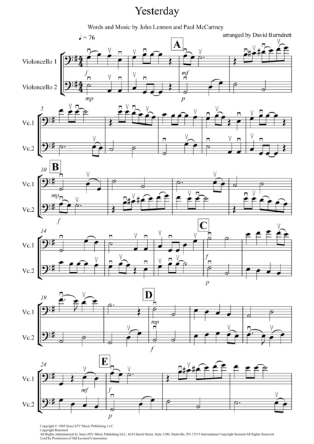 Yesterday For Cello Duet Sheet Music