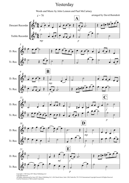 Yesterday For Descant And Treble Recorder Duet Sheet Music