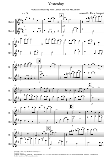 Yesterday For Flute Duet Sheet Music