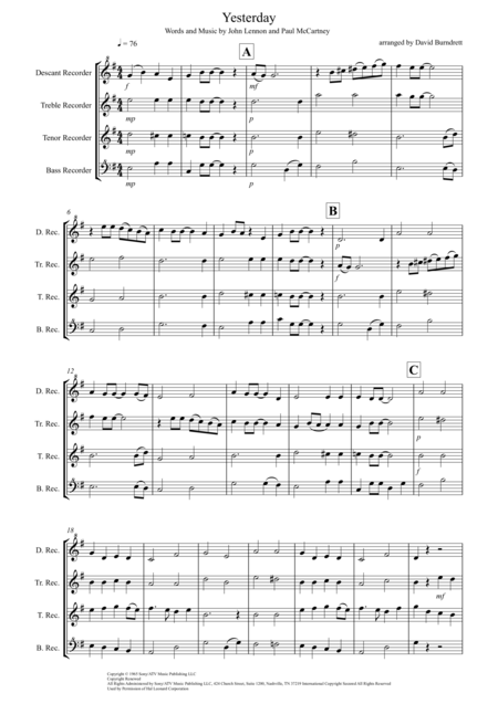 Free Sheet Music Yesterday For Recorder Quartet