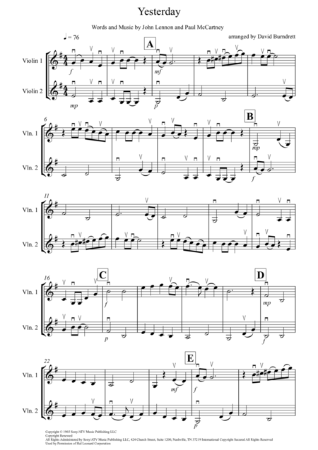 Yesterday For Violin Duet Sheet Music