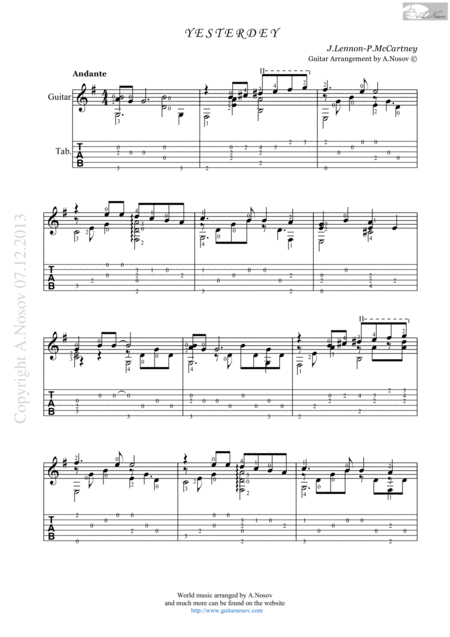 Yesterday Sheet Music For Guitar Sheet Music