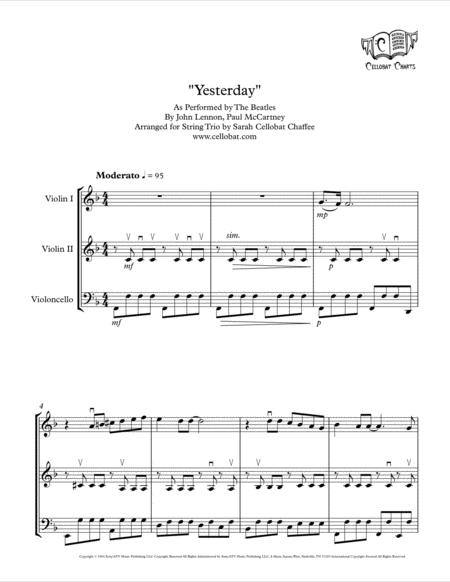 Free Sheet Music Yesterday String Trio 2 Violins Cello Beatles Arr Cellobat