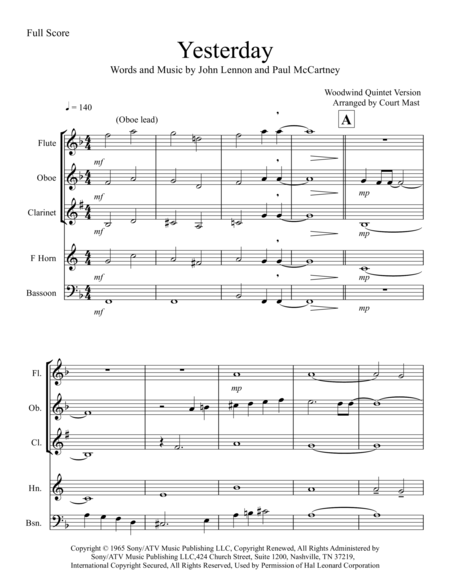 Yesterday Woodwind Quintet Sheet Music