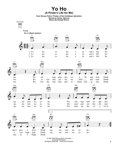 Yo Ho A Pirates Life For Me Sheet Music