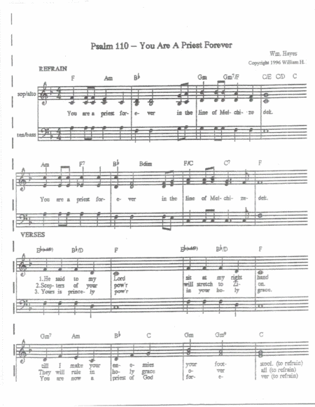 Free Sheet Music You Are A Priest Forever Psalm 110 Song