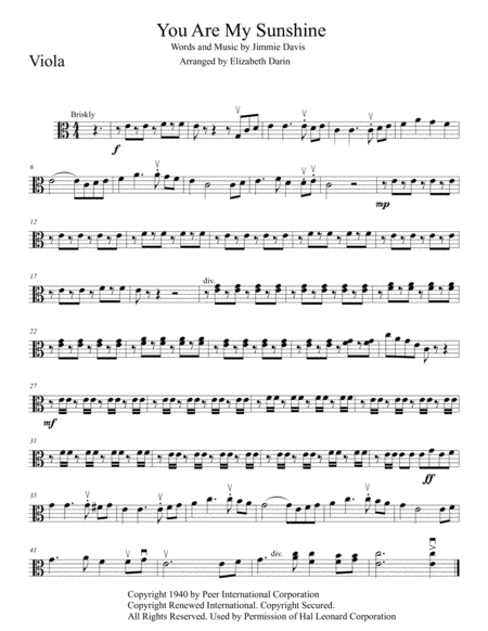 Free Sheet Music You Are My Sunshine Viola Part
