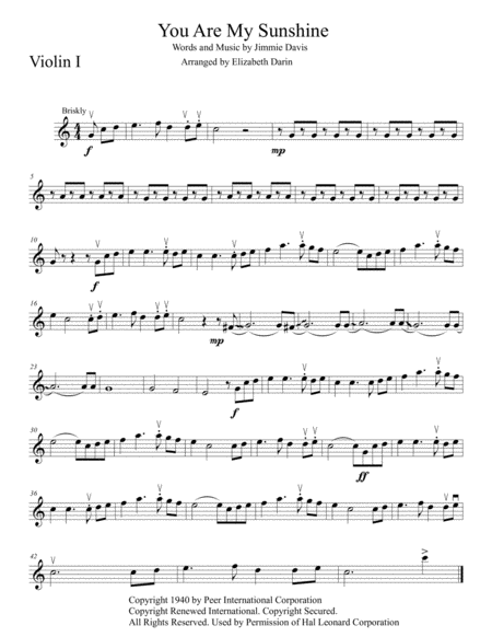 Free Sheet Music You Are My Sunshine Violin 1 Part