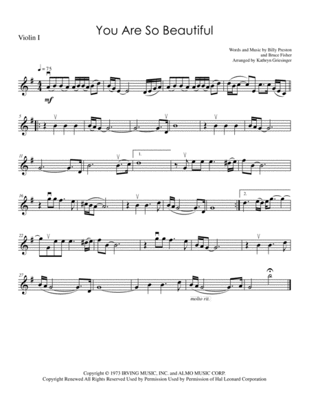 Free Sheet Music You Are So Beautiful String Quartet