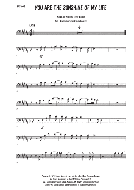 You Are The Sunshine Of My Life Bassoon Sheet Music