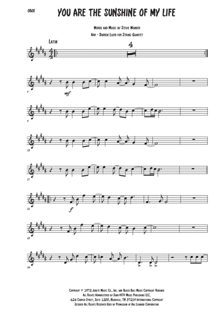 You Are The Sunshine Of My Life Oboe Sheet Music