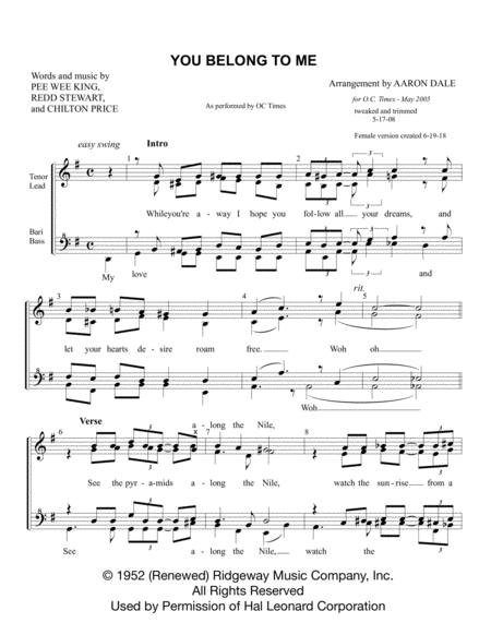 You Belong To Me Female Barbershop Voicing Sheet Music