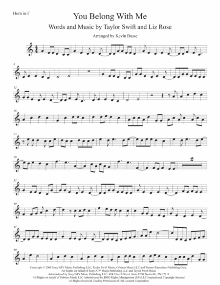 Free Sheet Music You Belong With Me Easy Key Of C Horn In F