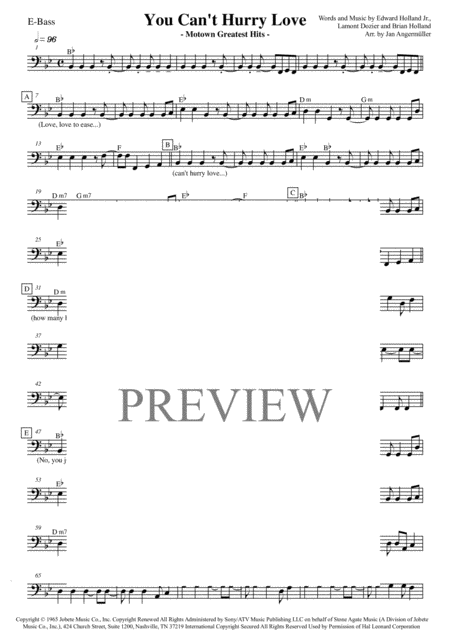 You Cant Hurry Love E Bass Transcription Of The Part From The Original Supremes Motown Recording Sheet Music