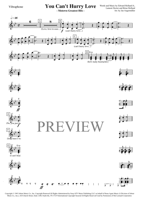 You Cant Hurry Love Vibraphone Transcription Of The Part From The Original Supremes Motown Recording Sheet Music