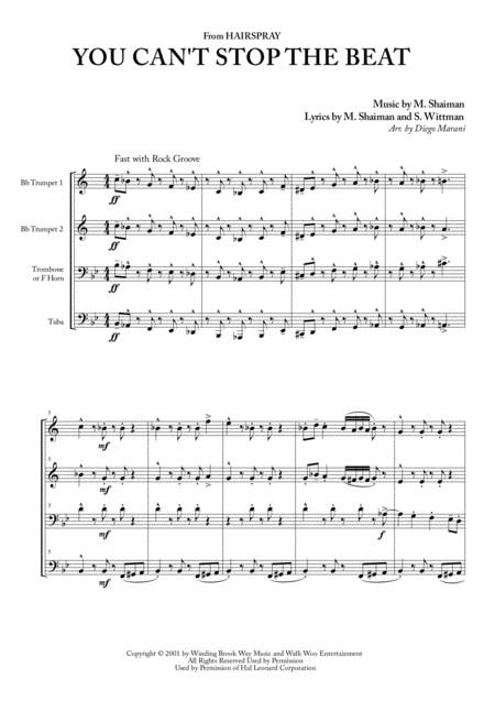 You Cant Stop The Beat From Hairspray For Brass Quartet Sheet Music