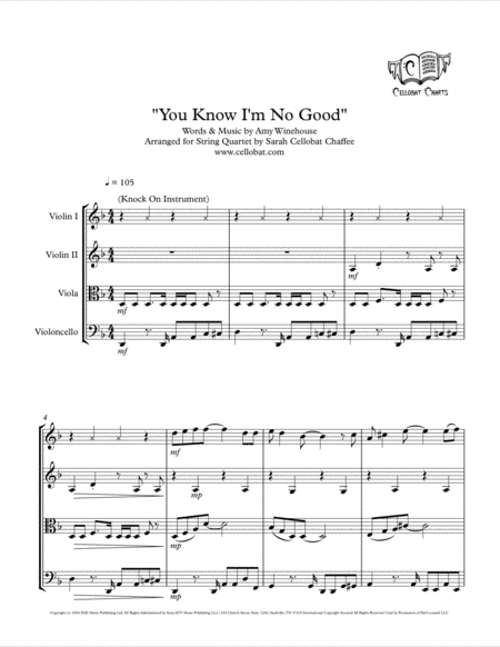 Free Sheet Music You Know I M No Good String Quartet Amy Winehouse Arr Cellobat
