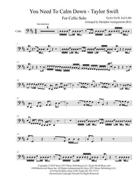 Free Sheet Music You Need To Calm Down Cello Solo