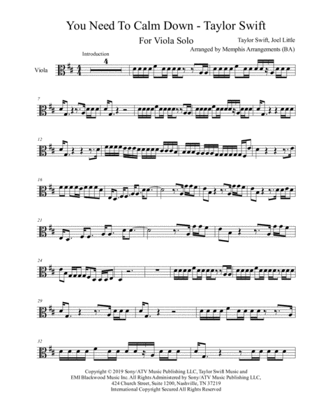 You Need To Calm Down Viola Solo Sheet Music