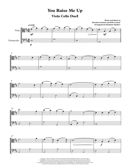 You Raise Me Up By Josh Groban Viola And Cello Duet 2 Versions Included Sheet Music