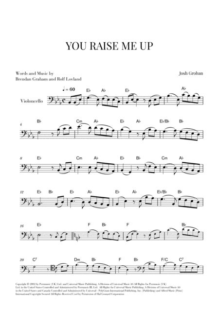 You Raise Me Up Cello Solo Original Key Sheet Music