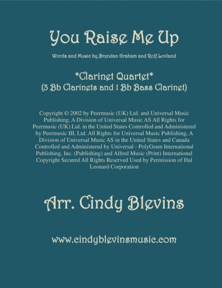 Free Sheet Music You Raise Me Up For Clarinet Quartet With Bass Clarinet