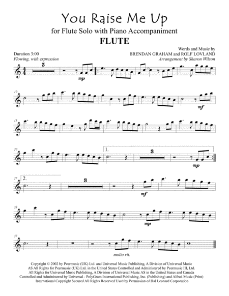 You Raise Me Up For Flute Solo With Piano Accompaniment Weddings Valentines Day Sheet Music