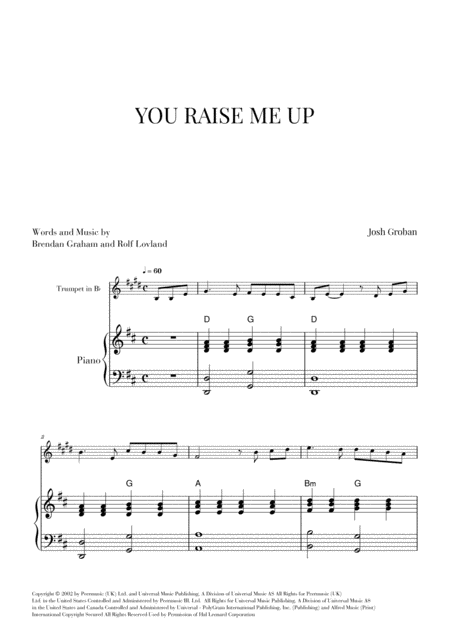 Free Sheet Music You Raise Me Up For Trumpet And Piano D Major