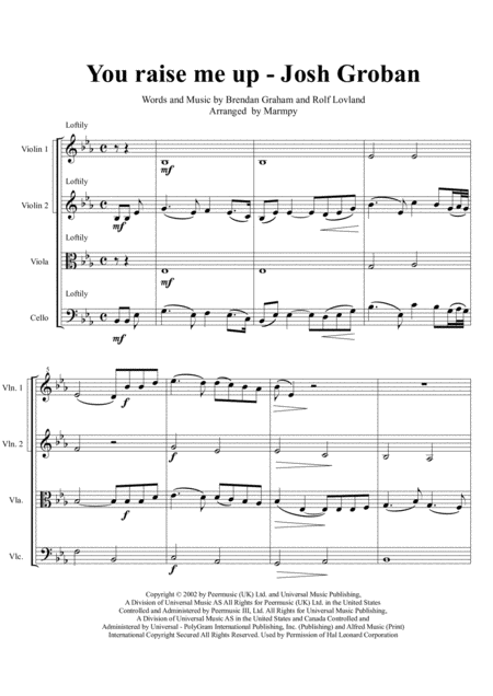 Free Sheet Music You Raise Me Up Josh Groban Arranged For String Quartet