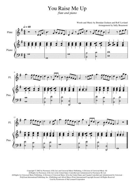 Free Sheet Music You Raise Me Up Josh Groban Easy Flute And Piano