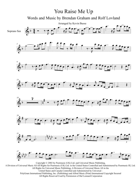 You Raise Me Up Original Key Soprano Sax Sheet Music