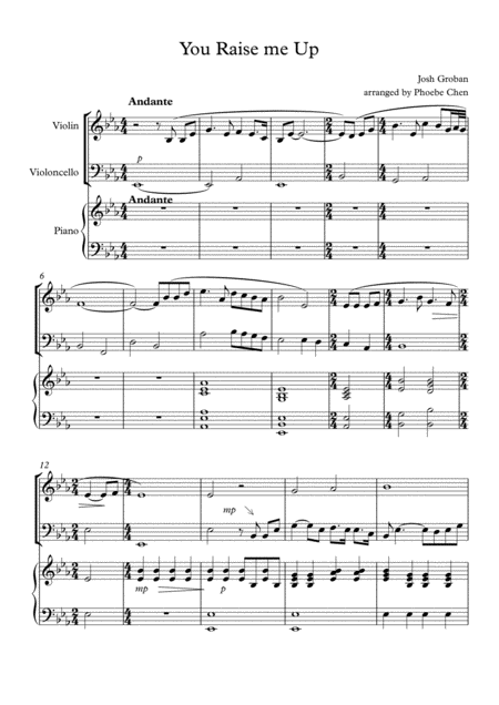 You Raise Me Up Trio For Violin Cello And Piano Sheet Music