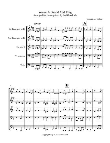 Free Sheet Music You Re A Grand Old Flag For Brass Quintet