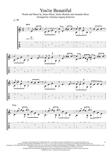 You Re Beautiful Fingerstyle Guitar Solo Sheet Music