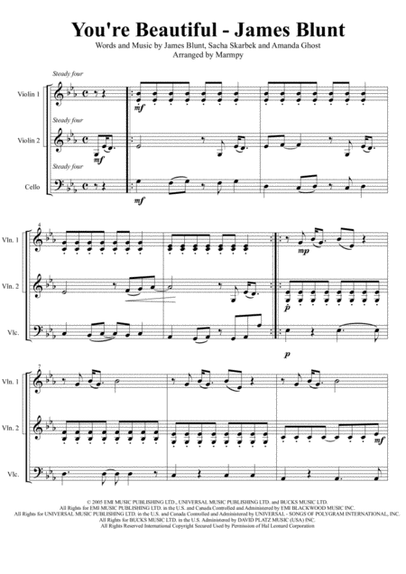 You Re Beautiful James Blunt Arranged For String Trio Sheet Music