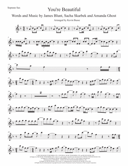 You Re Beautiful Soprano Sax Original Key Sheet Music