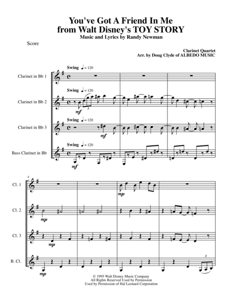 You Ve Got A Friend In Me From Walt Disneys Toy Story For Clarinet Quartet Sheet Music