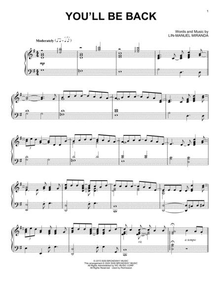 You Will Be Back From Hamilton Arr David Pearl Sheet Music