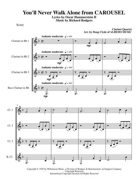 Free Sheet Music You Will Never Walk Alone From Carousel For Clarinet Quartet