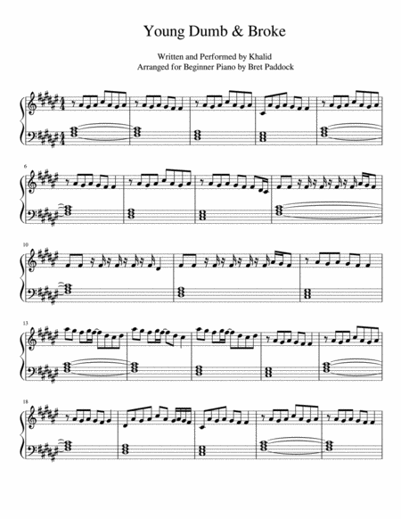 Young Dumb Broke Khalid Easy Piano Sheet Music