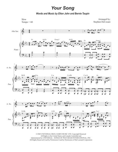 Free Sheet Music Your Song Alto Saxophone And Piano
