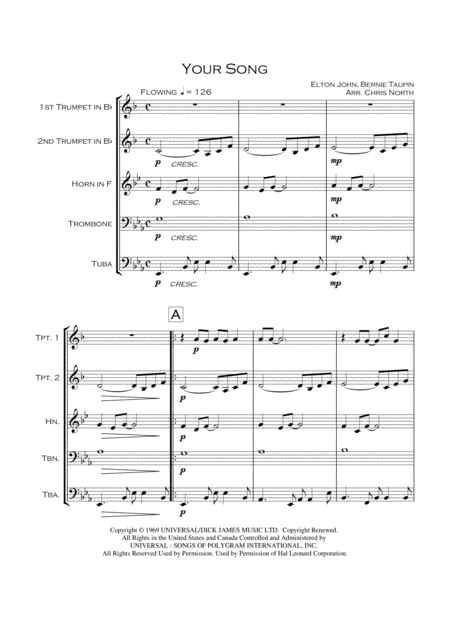 Your Song Brass Quintet Sheet Music