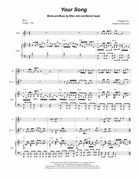 Free Sheet Music Your Song Duet For Flute And Bb Clarinet