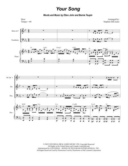 Free Sheet Music Your Song For Brass Quartet And Piano