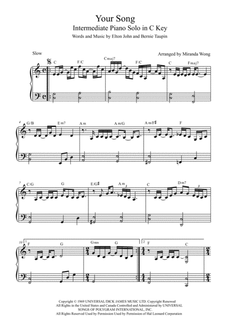 Free Sheet Music Your Song Intermediate Piano Solo In C Key With Chords