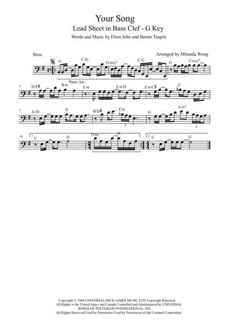 Free Sheet Music Your Song Lead Sheet In G Key Bass Clef
