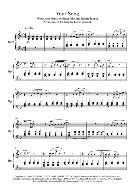 Your Song Pedal Harp Solo Sheet Music