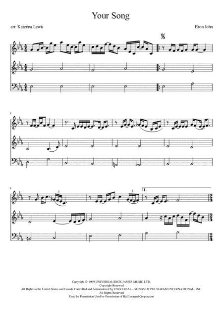 Your Song Violin 1 Violin 2 Cello Sheet Music